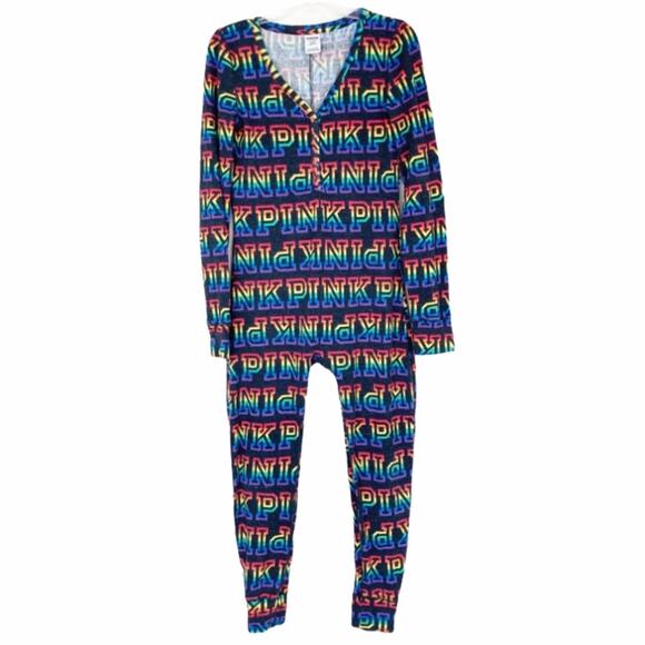 Pink Victoria’s Secret Rainbow Spell Out Butt Flap One Piece Pajamas Sz M - Picture 1 of 9